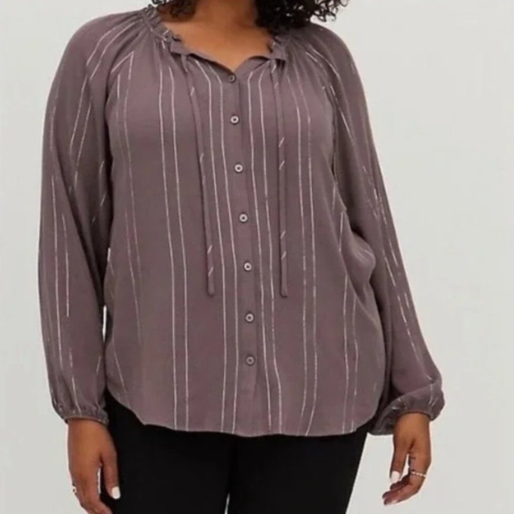 Torrid Top Womens 1/1X Purple Crinkle Gauze Peasant Drawstring Tie Neck Button